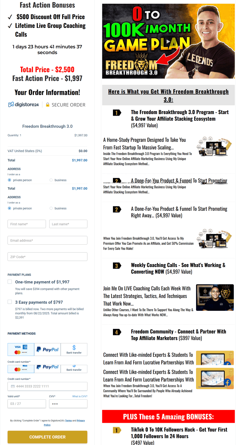 Freedom Breakthrough 3.0 Checkout page 